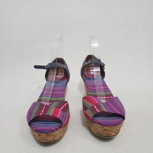 Toms wedge platforms cork striped colorful sandals size 9